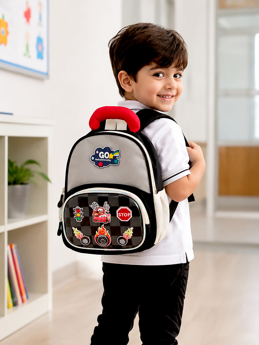 Racing Car Kids Backpack with 3D Front Pocket & Padded Handle – Black & Grey