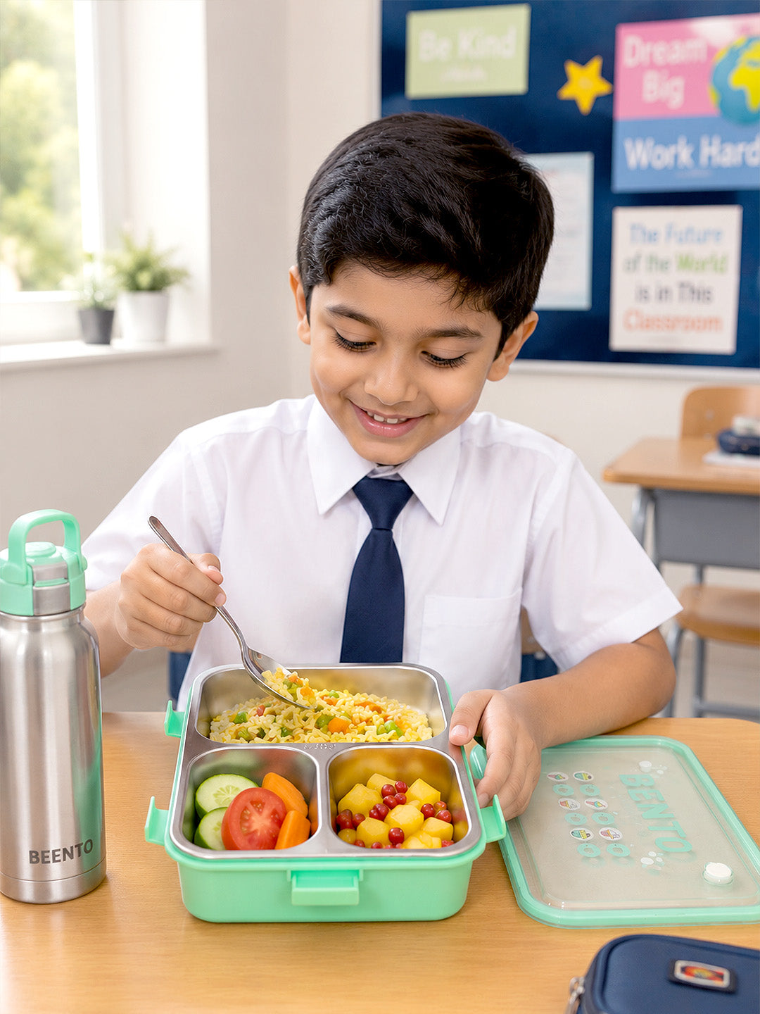 3-Compartment Kids Stainless Steel Lunch Box | Leak-Proof | Fork & Spoon Included