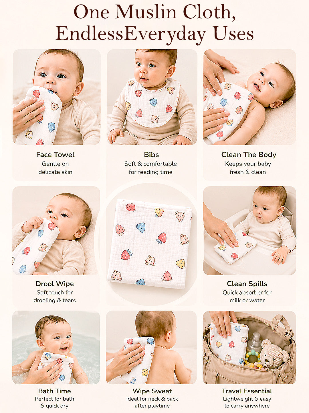 Jungle & Friends Muslin Face Towel | Set of 5 | Pure Cotton | 0–3 Yrs