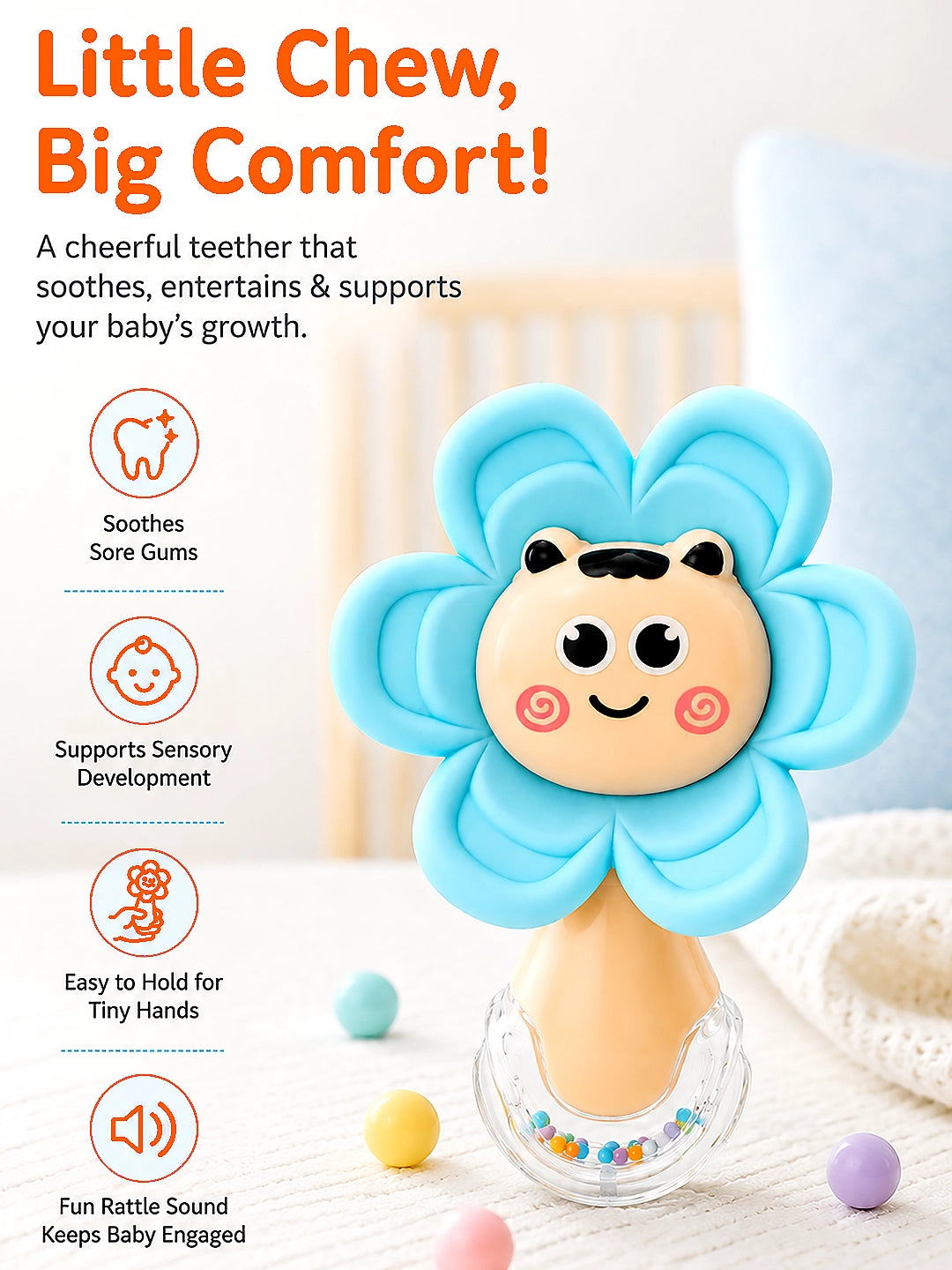 Blue Flower 2-in-1 Baby Silicone Teether & Rattle | Soothes Gums | 0M+