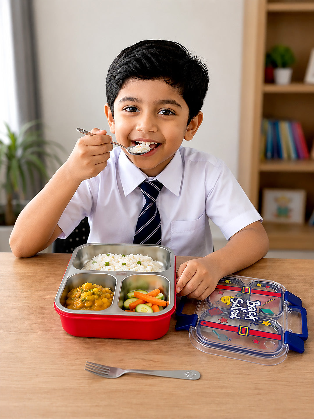 3-Compartment Kids Lunch Box | Stainless Steel | Leak-Proof | Fork & Spoon Included