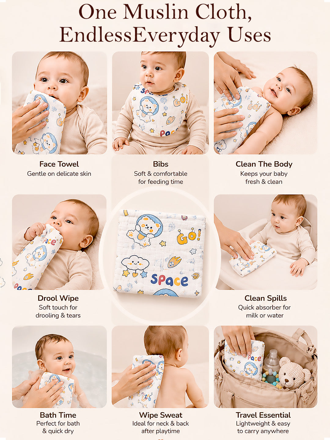Space, Sea & Fruits 6-Layer Muslin Face Towel | Set of 3 | Pure Cotton | 0–3 Yrs