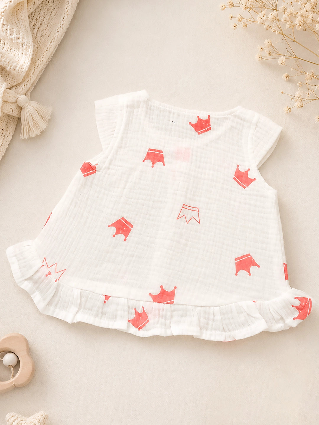 Little Princess Baby Frock | Muslin Cotton | Crown Print | Flutter Sleeves & Ruffle Hem | 0–6 Months