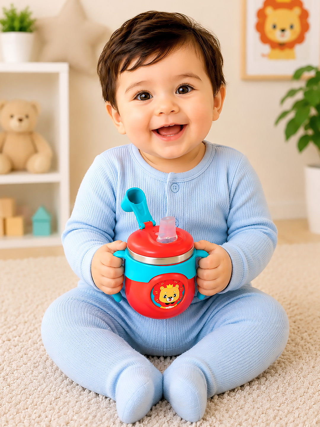 Lion King Stainless Steel Sipper Bottle for Babies & Toddlers — 250ml | Spill-Proof Spout & Flip-Top Straw with Dual Handles