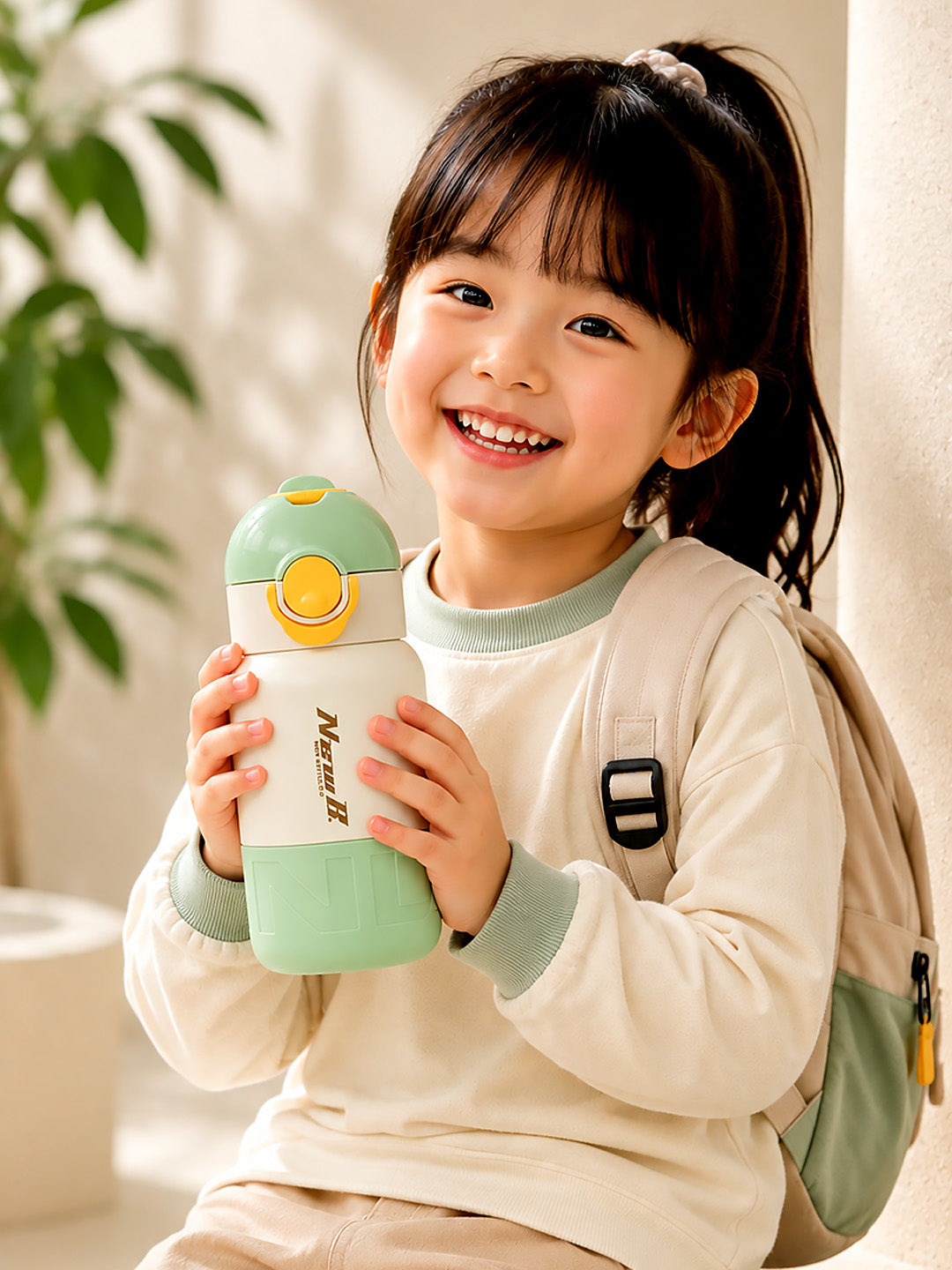 Olive Green Kids Stainless Steel Water Bottle — 480ml | Flip Lid & Straw