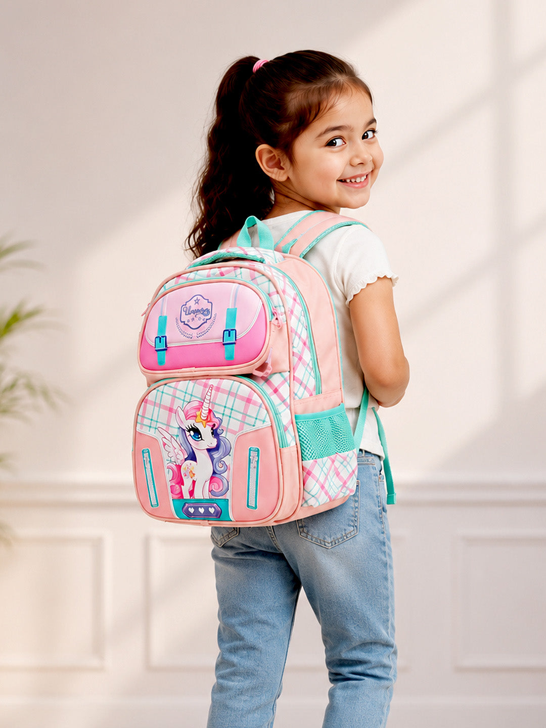 Unicorn School Backpack for Girls – Pink Plaid Kids Bag