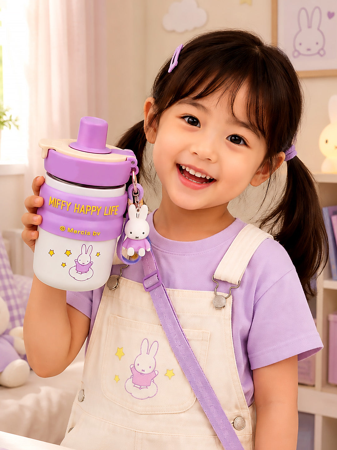 Miffy Happy Life Kids Stainless Steel Tumbler — 480ml | Dual Lid, Infuser & Carry Strap