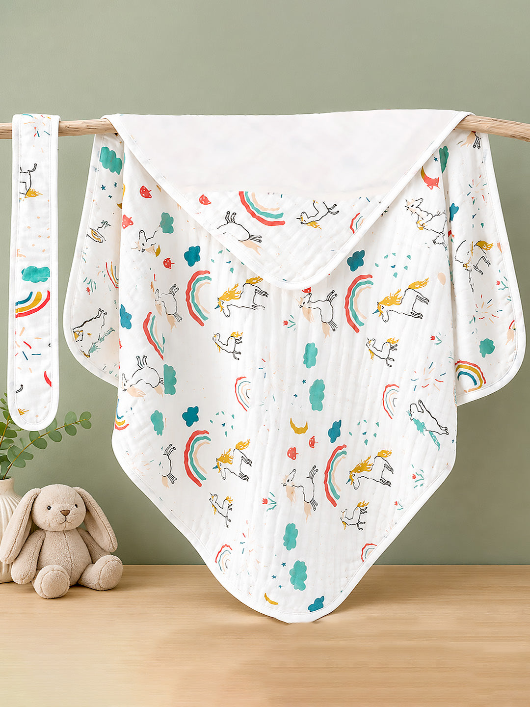 Unicorn Rainbow Hooded Swaddle Blanket | 6-Layer Muslin Cotton | Newborn & Baby