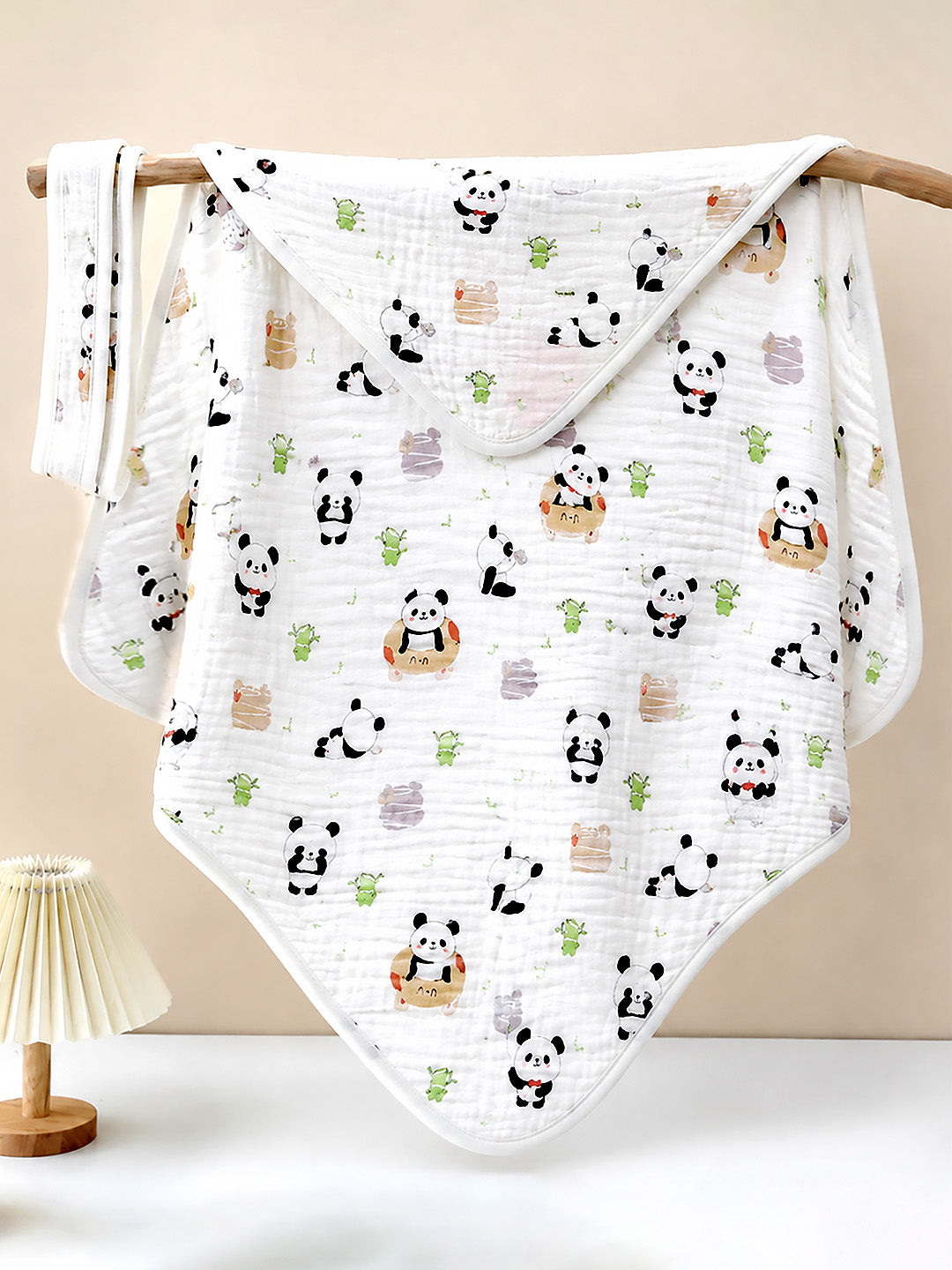 Playful Panda 6-Layer Muslin Cotton Hooded Baby Swaddle Blanket | All-Season