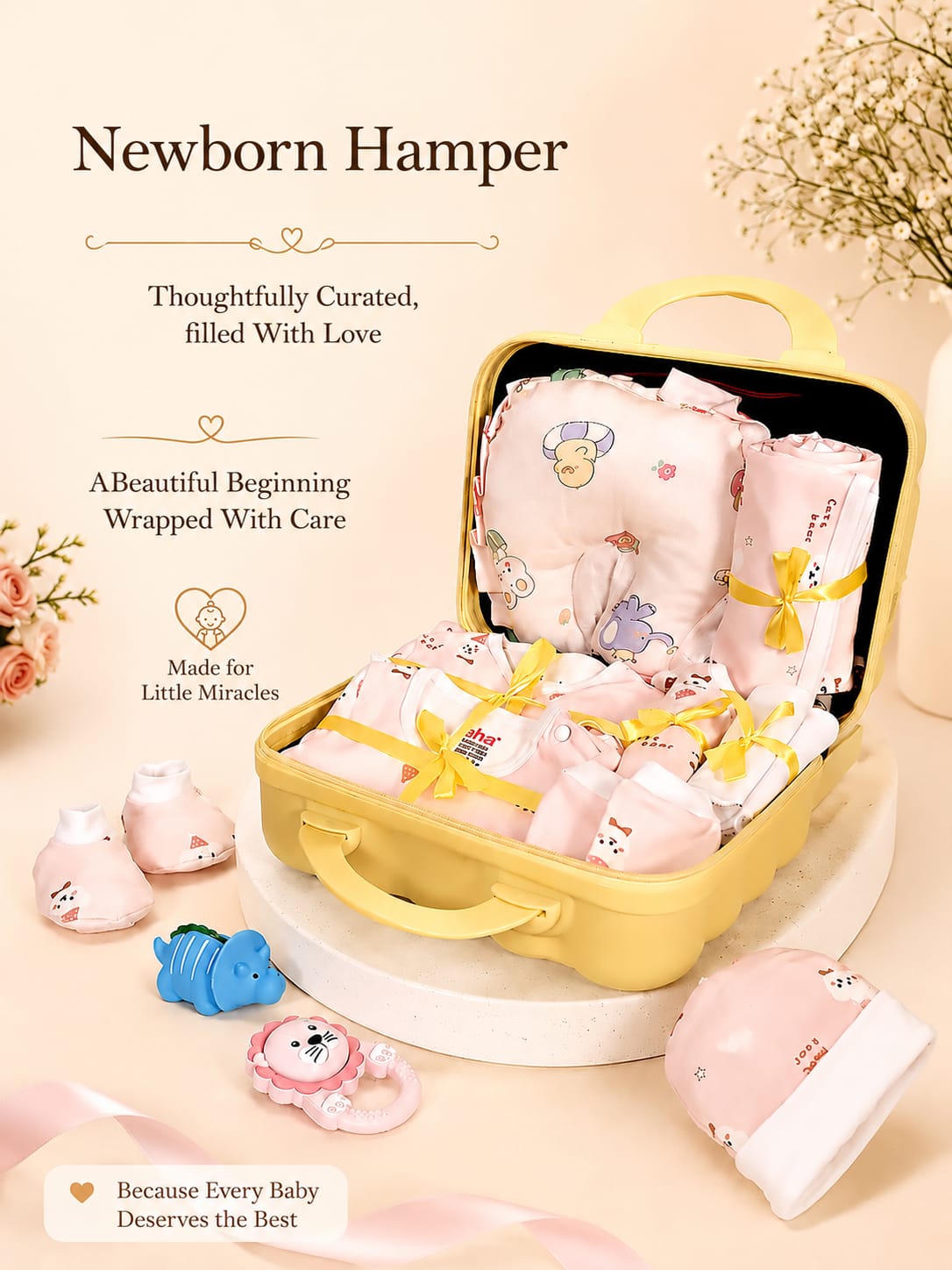 22-Piece Newborn Baby Gift Hamper | Pure Cotton | Yellow Suitcase | 0–3 Months