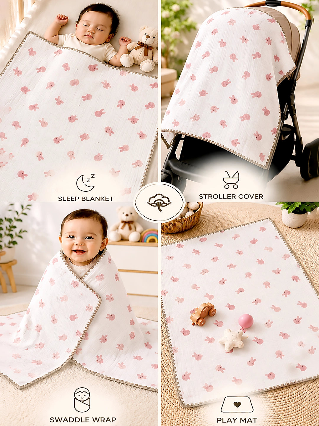 Pink Bunny Hop Super Soft Muslin Cotton Baby Blanket | All-Season | 102×102 cm