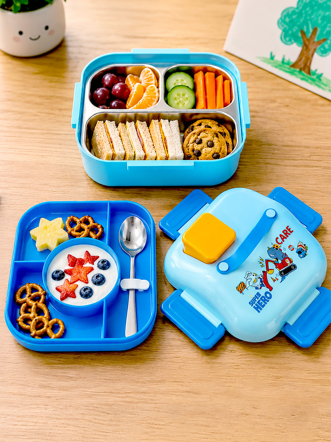 Super Hero 2-Tier Kids Lunch Box | Stainless Steel | Leak-Proof | Sauce Box & Spoon Included