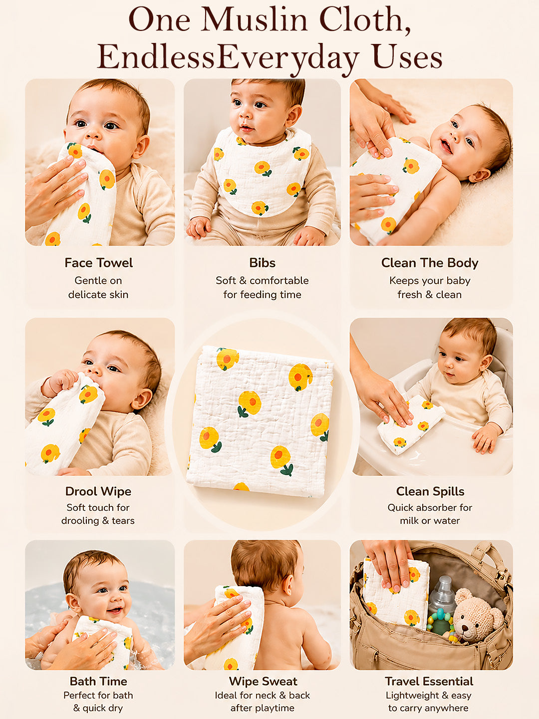Cartoon Print Muslin Face Towel | Set of 5 | Pure Cotton | 0–3 Yrs