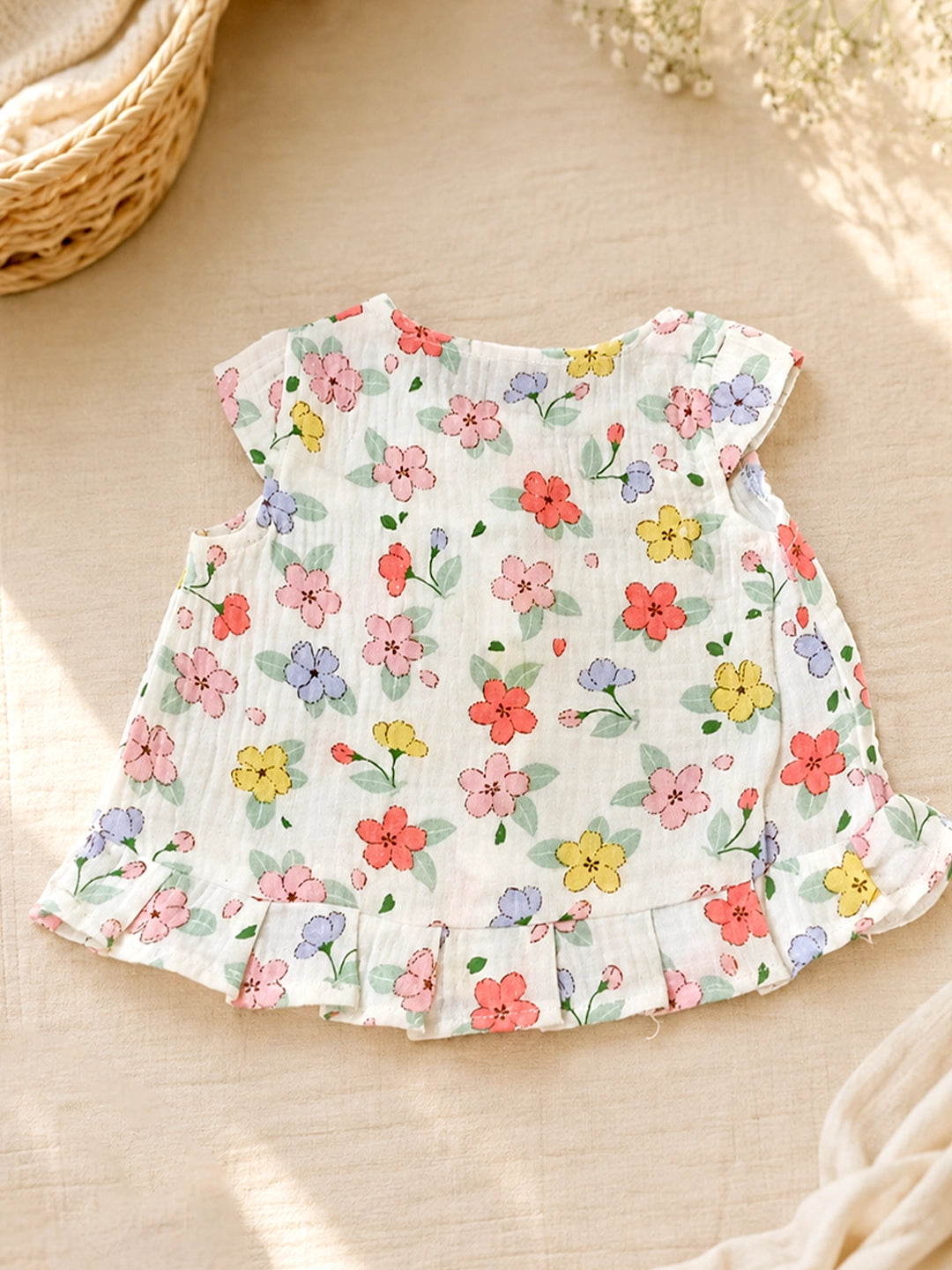 Floral Muslin Cotton Baby Frock | Cap Sleeve & Ruffle Hem | Button Placket | 0–6 Months