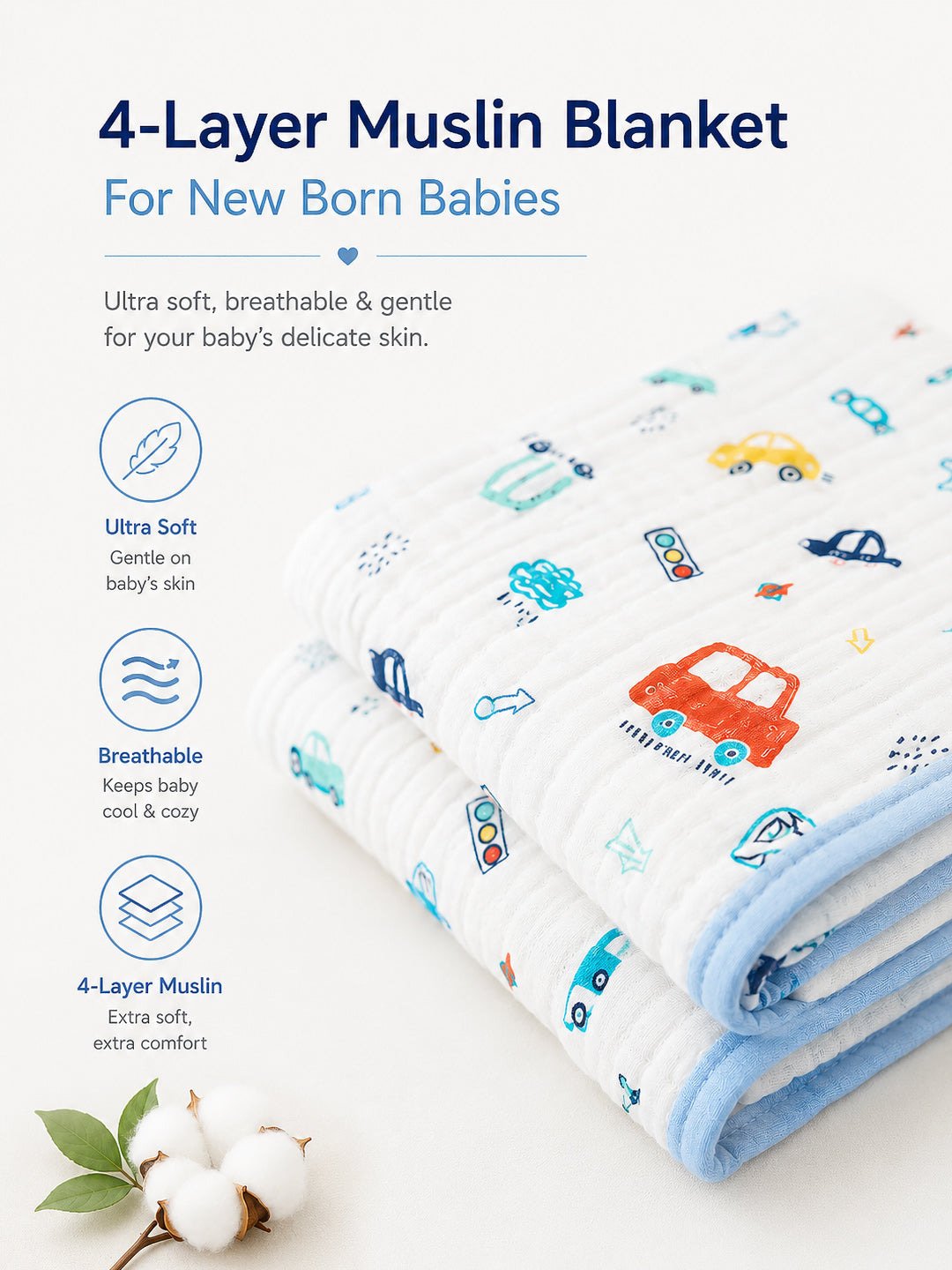 Beep Beep Cars 6-Layer Muslin Cotton Baby Blanket | All-Season | 110×110 cm