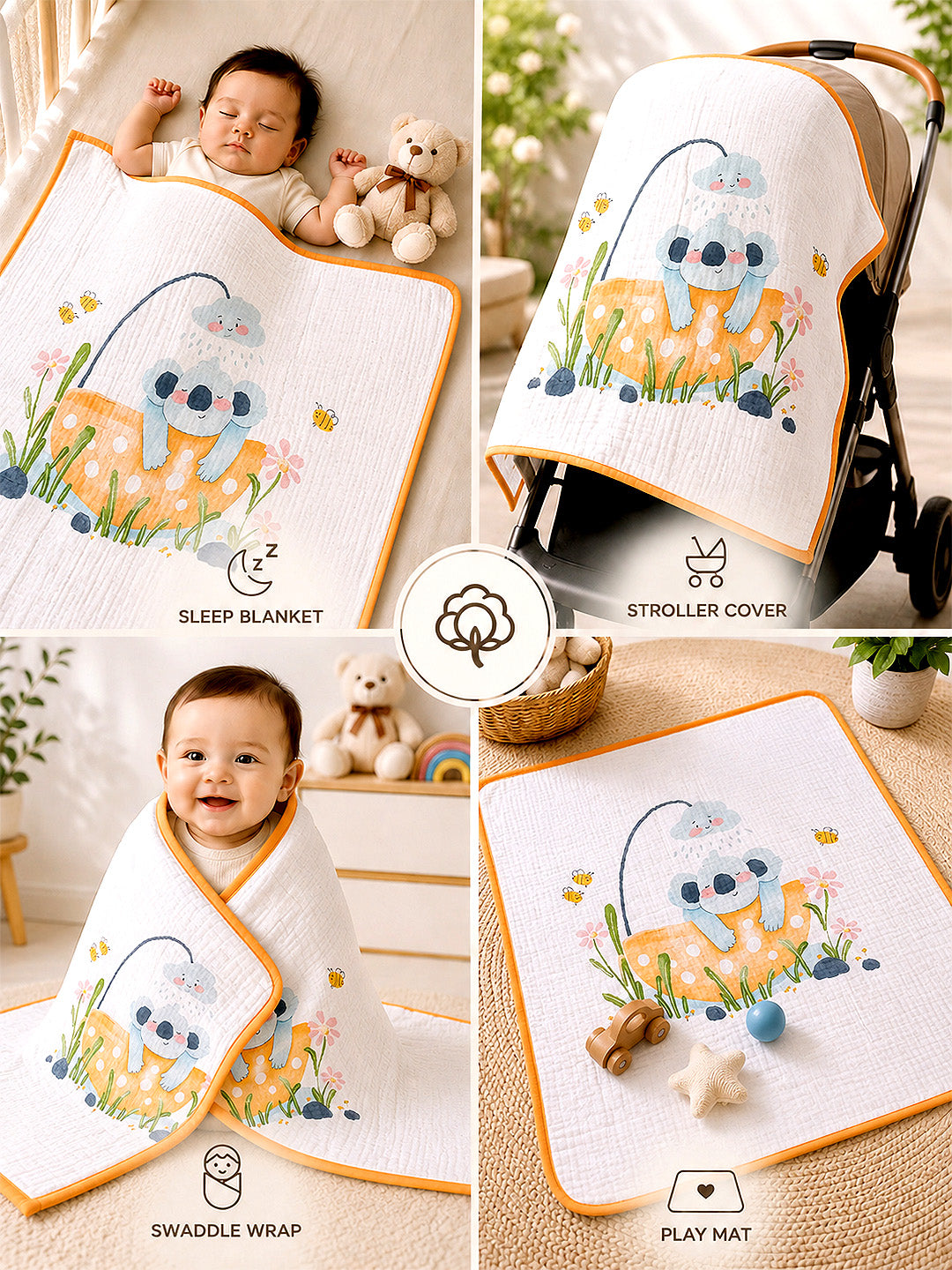 Koala Bath Day 6-Layer Muslin Cotton Baby Blanket | All-Season | 102×102 cm