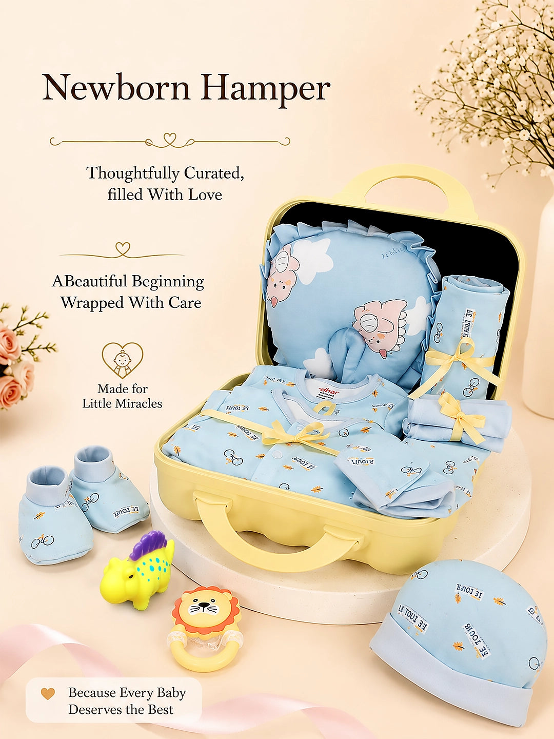 22-Piece Newborn Baby Gift Hamper | Pure Cotton | Yellow Suitcase | 0–3 Months