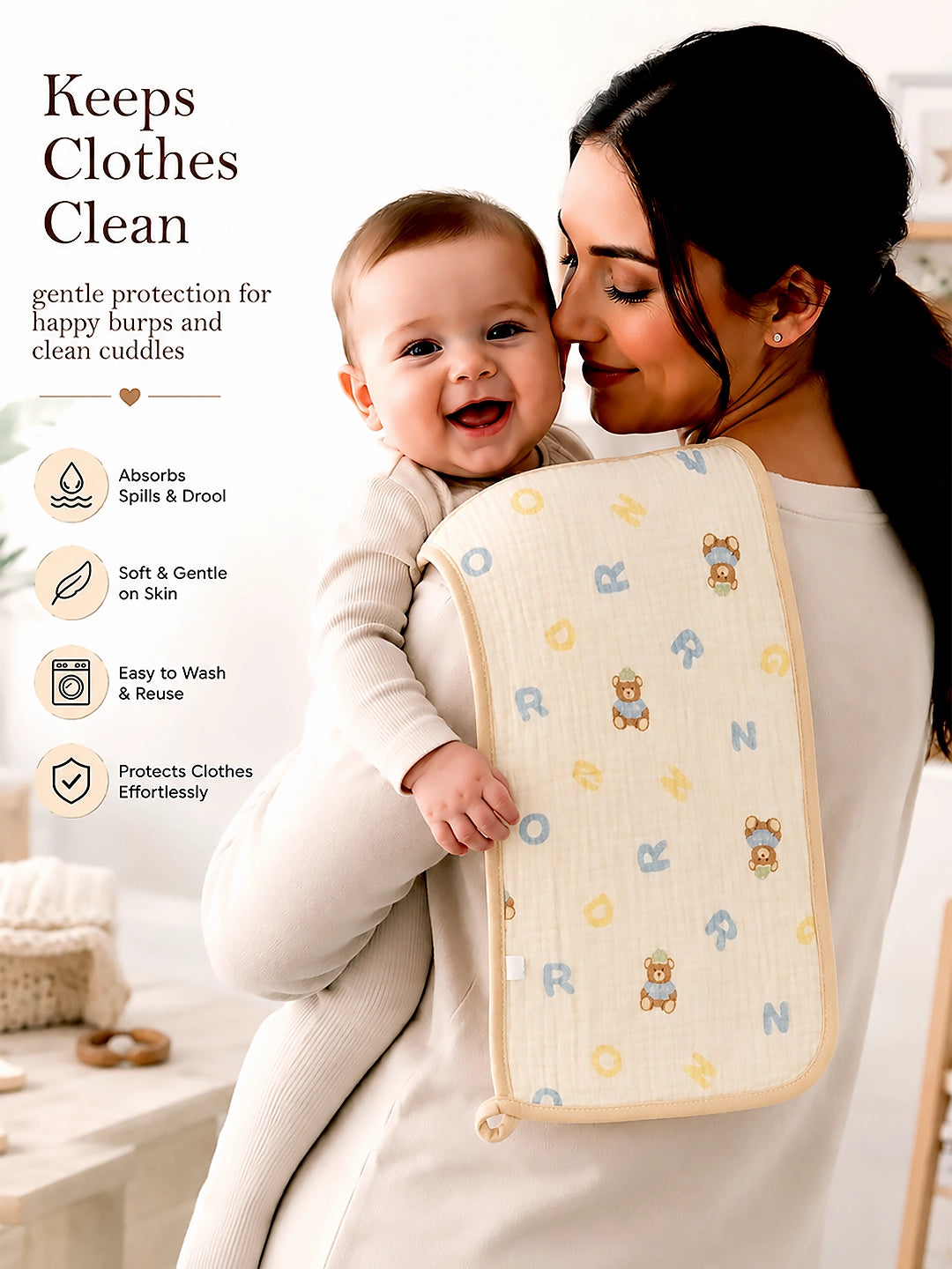 Bear Print Muslin Burp Cloth | Set of 2 | 100% Muslin Cotton |