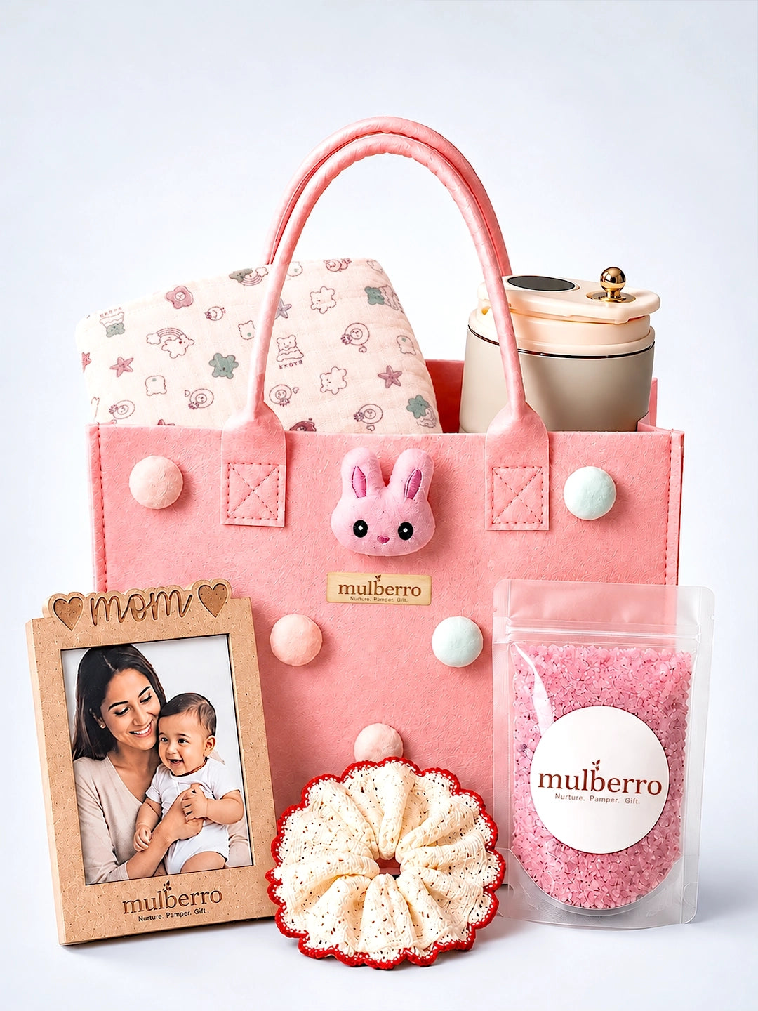 New Mom 6-Piece Baby Shower Gift Hamper | Pink Bunny Felt Tote Bag