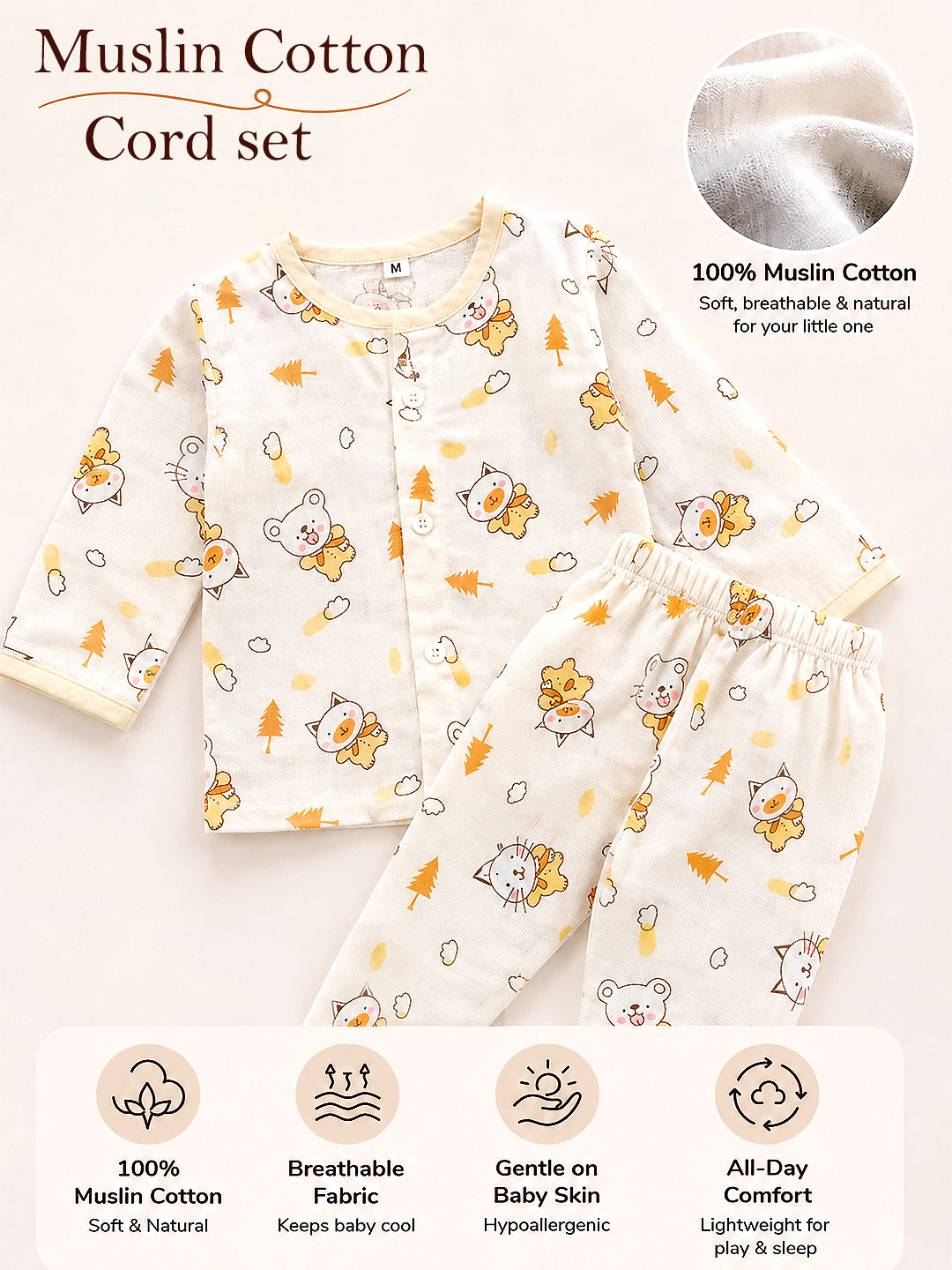 Forest Friends Baby Pyjama Set | 100% Muslin Cotton | Full Sleeve Top & Full Pants | 0–12 Months