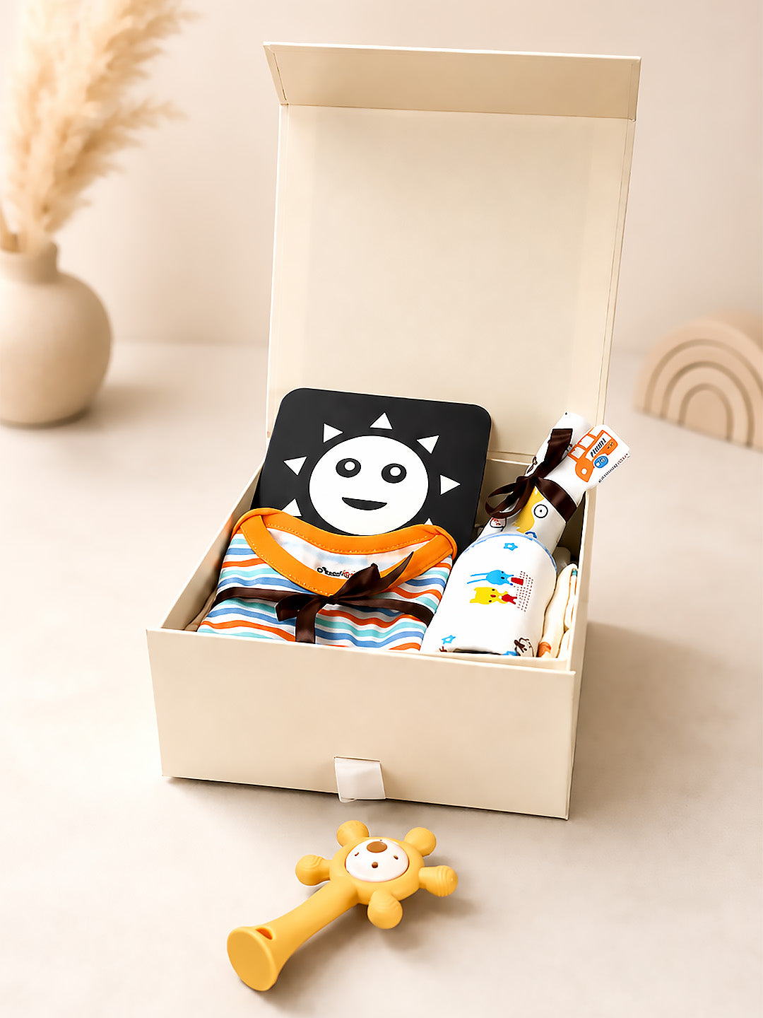 Welcome Baby 13-Piece Newborn Gift Hamper | Unisex | Cotton Essentials + Sensory Toys | 0–3 Months