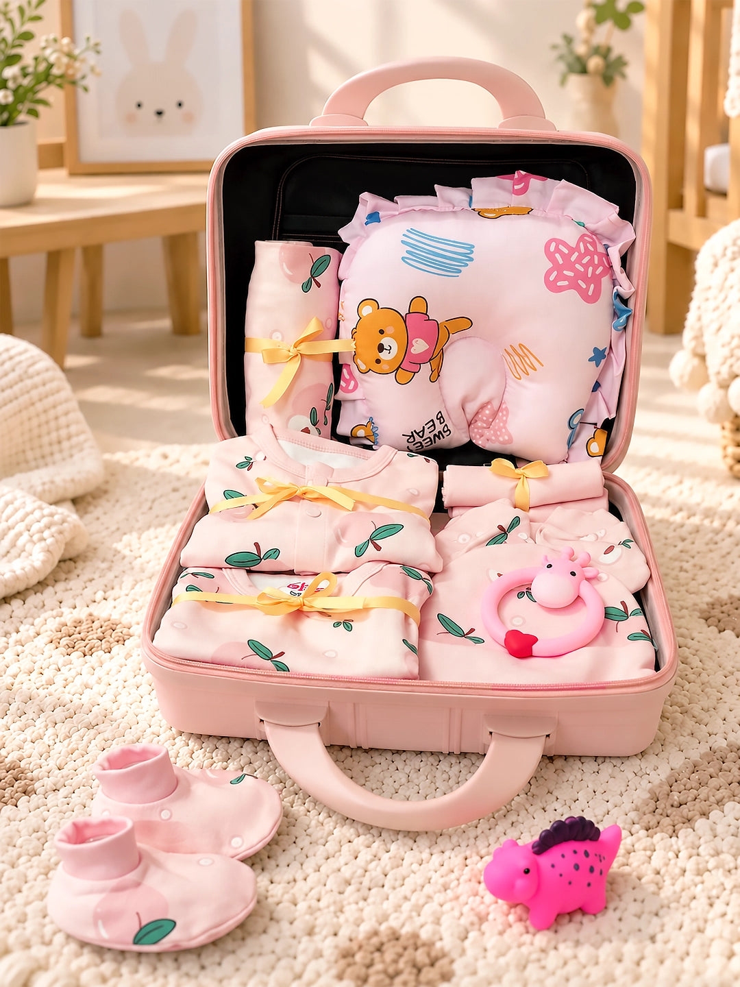 Newborn | Welcome Baby | Baby Shower | 22-Piece Gift Set | Pure Cotton | Good Morning Pink Suitcase | Baby Girl | 0–3 Months