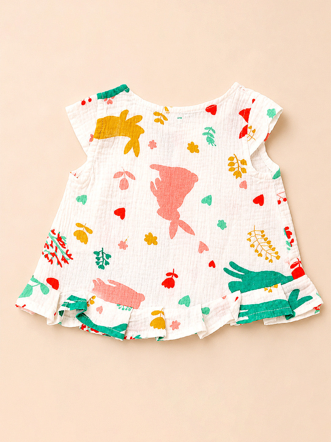 Bunny Animal Print Baby Girl Muslin Frock | Cap Sleeve | Ruffle Hem | 0–6 Months