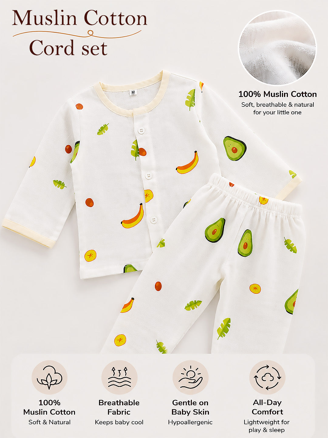 Fruity Fun Baby Co-ord Set | Muslin Cotton | Full Sleeve Top & Full Pants | 0–12 Months