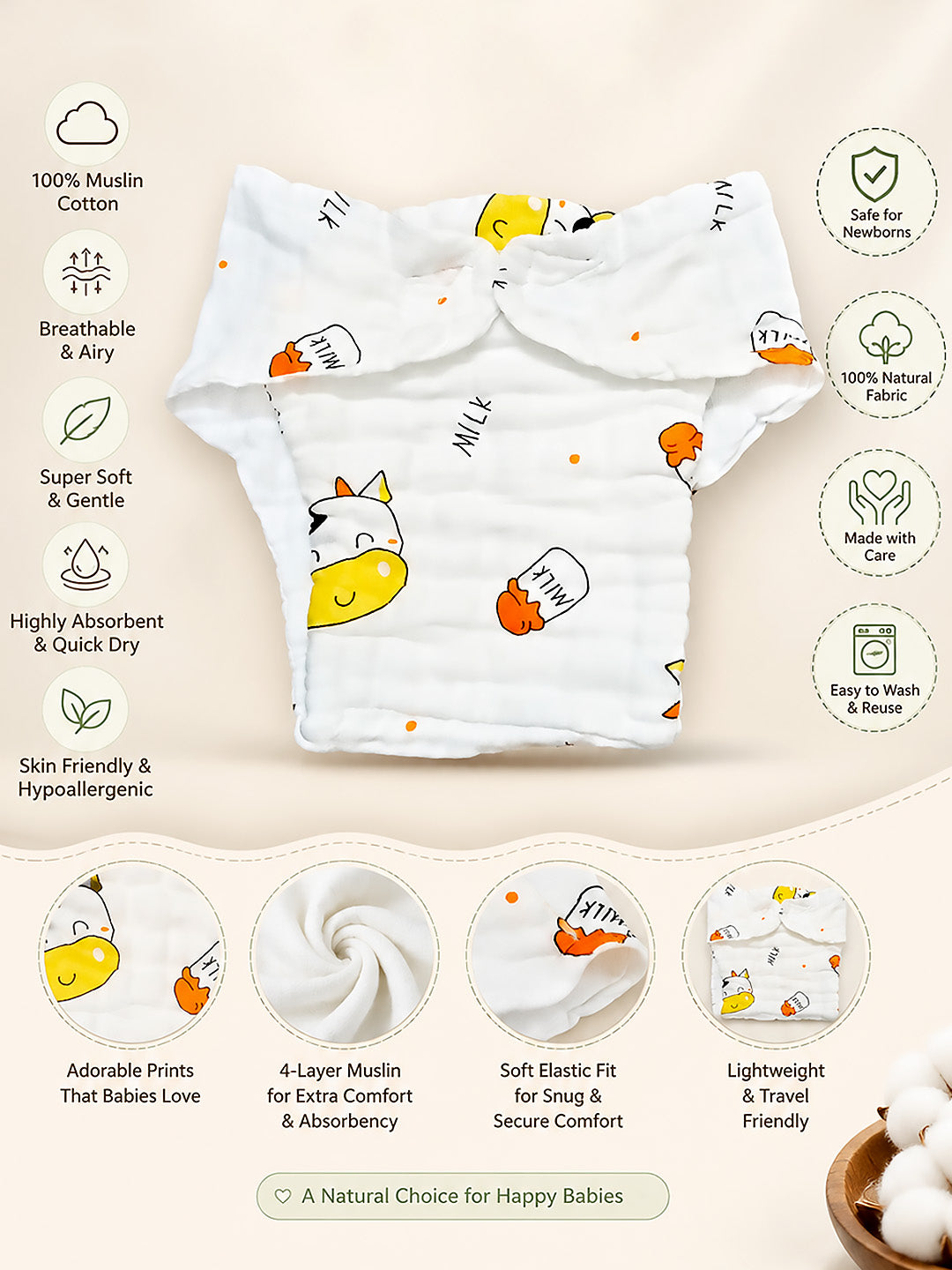 4-Layer Muslin Cloth Nappy | Pack of 5 | 100% Pure Cotton | Reusable | Cute Prints