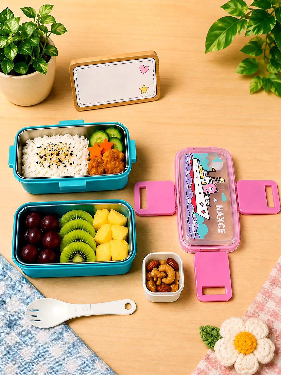 Sea Adventure Bear 2-Tier Kids Lunch Box | Stainless Steel | Leak-Proof | Spork & Sauce Box Included