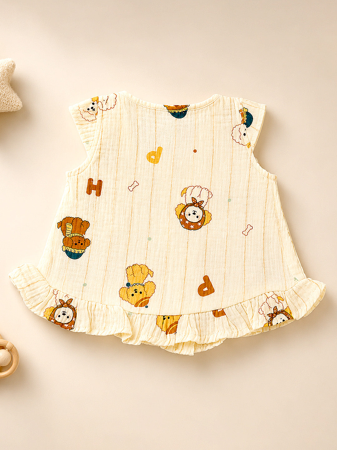 Puppy Print Baby Girl Muslin Frock | Sleeveless Flutter Sleeve Dress with Ruffle Hem | Button Placket