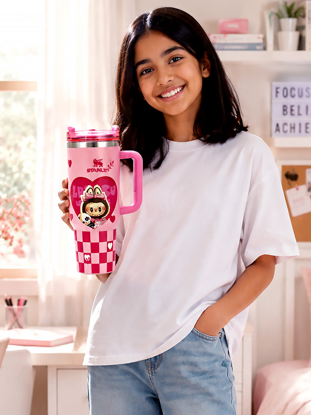 Pink Labubu Love Heart Stainless Steel Tumbler | Slide Lid & Reusable Straw