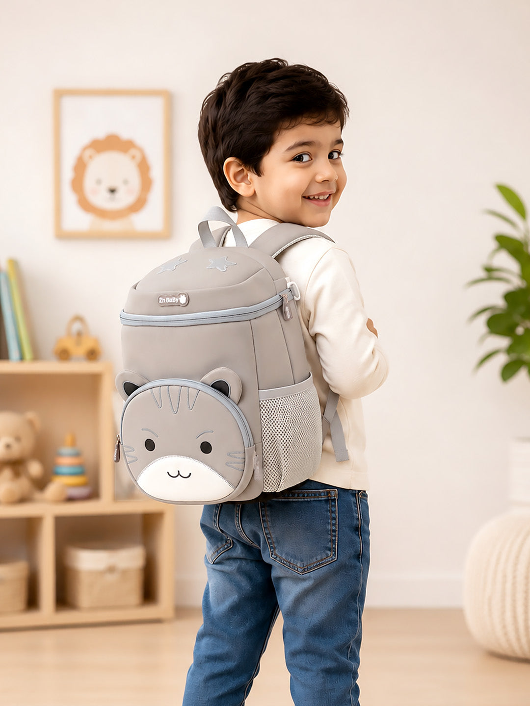 3D Cat Toddler & Kids Backpack with Safety Leash – Gray