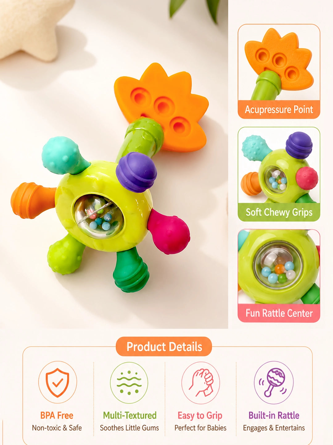 Dino Teether Rattle for Babies | Multi-Textured | BPA-Free | 6–18 Months