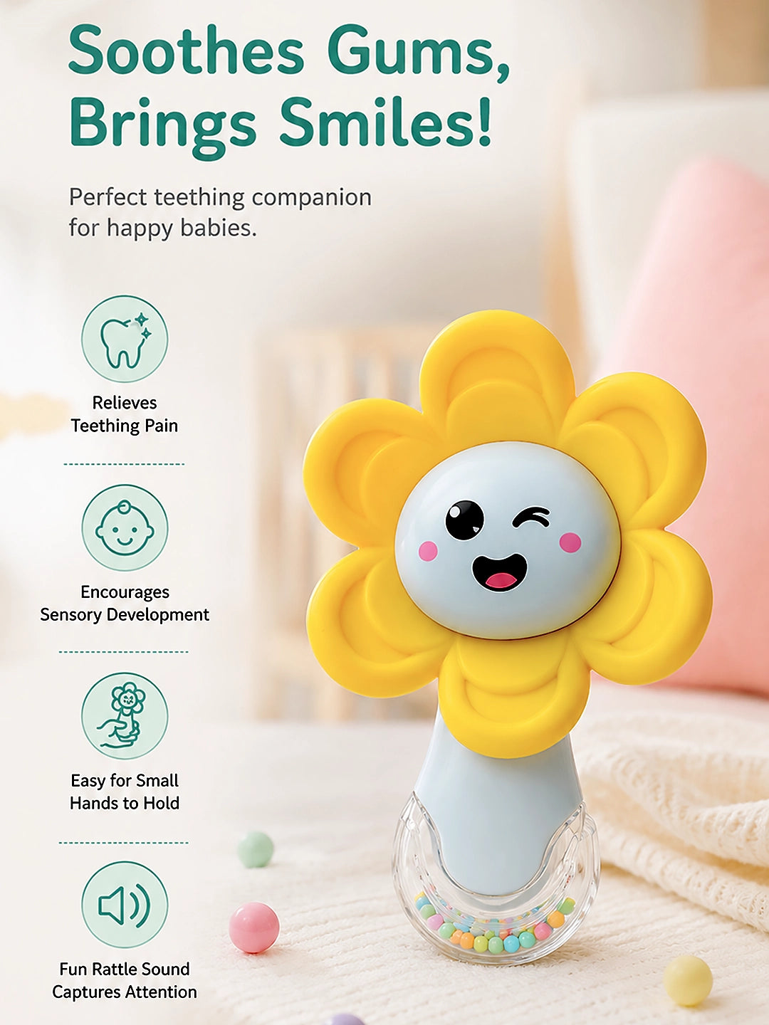 Yellow Sunflower Silicone Teether & Sensory Rattle | 2-in-1 Baby Toy | 0M+