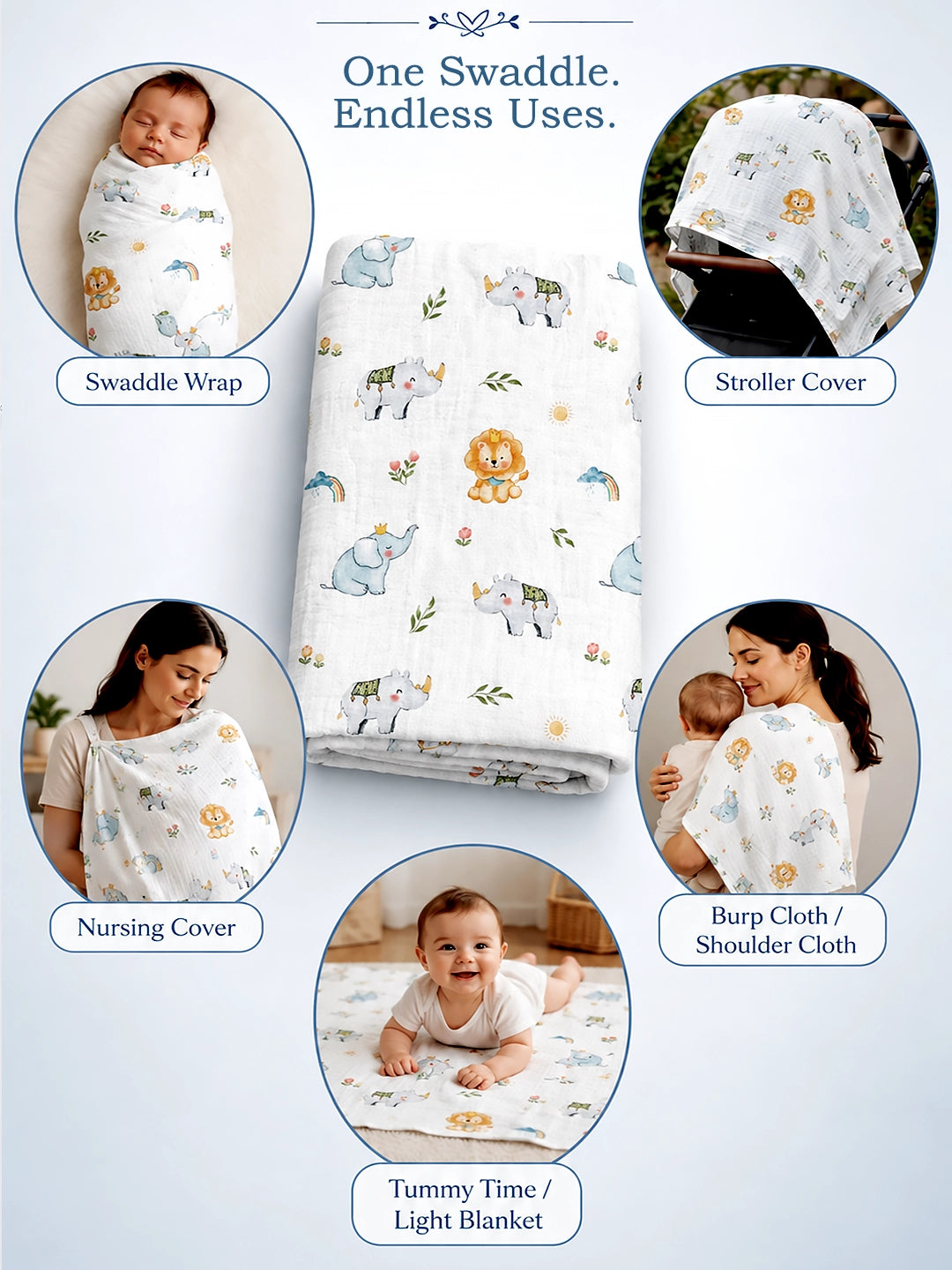 Muslin Cotton Baby Swaddle Set Of - 2 | Breathable & Soft | Safari Kingdom Design