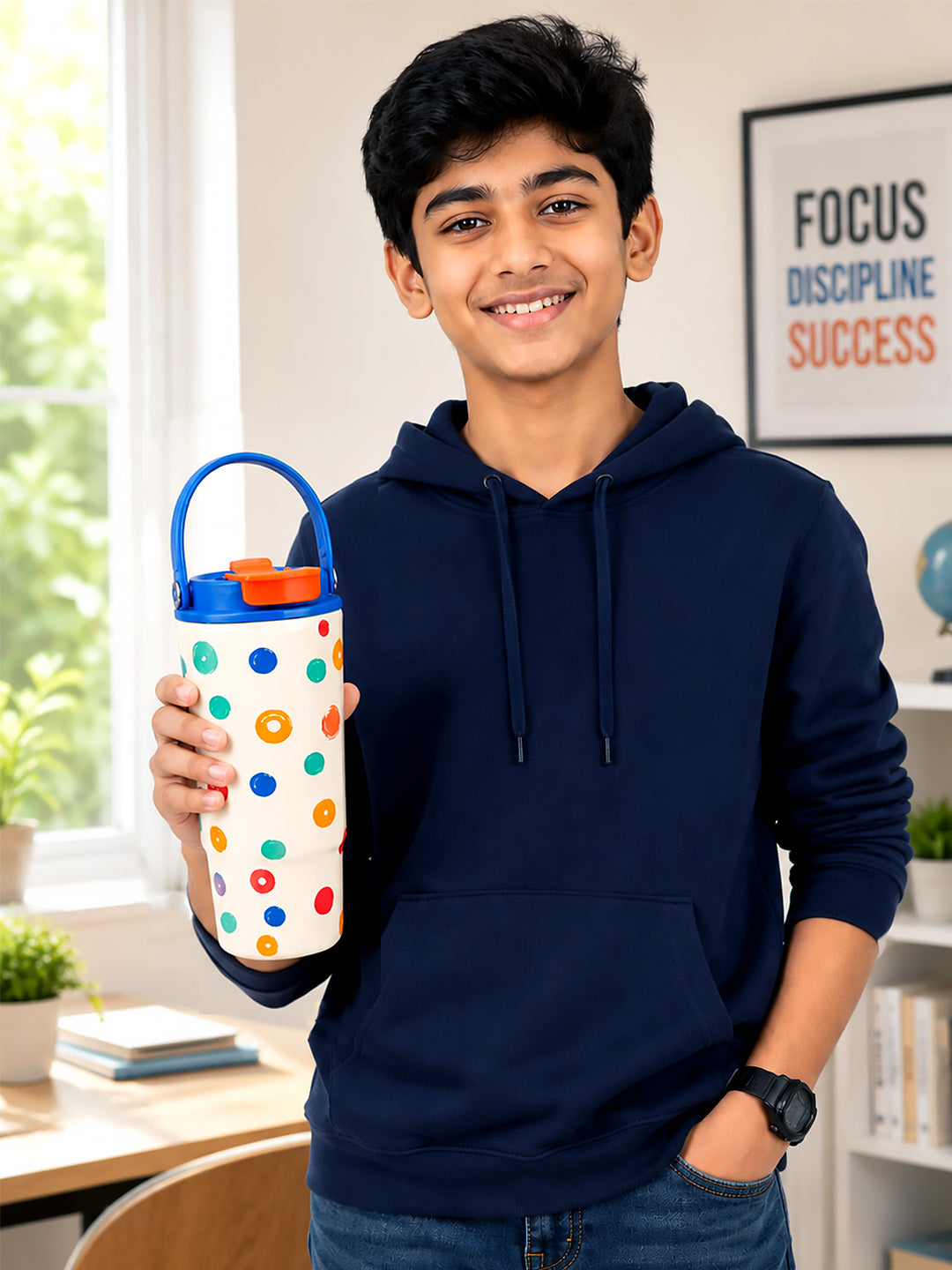 Colourful Polka Dot Stainless Steel Kids Tumbler | 2-in-1 Lid, Straw & Carry Handle