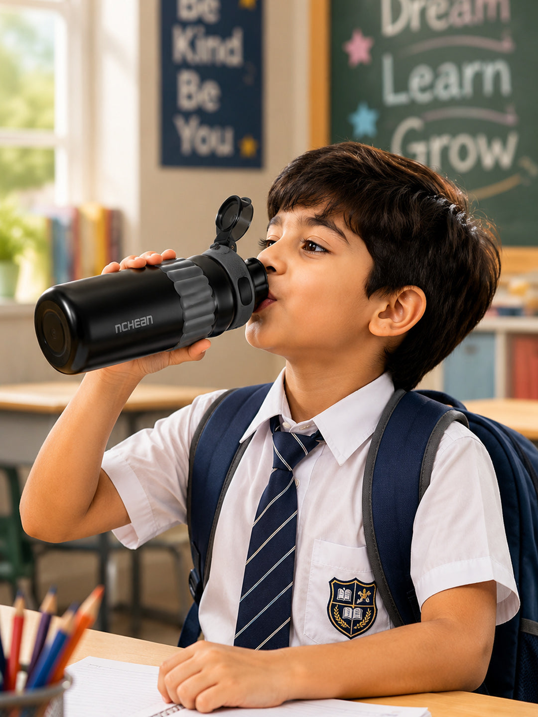 Black Stainless Steel Kids Water Bottle with Flip Lid, Straw & Carry Loop