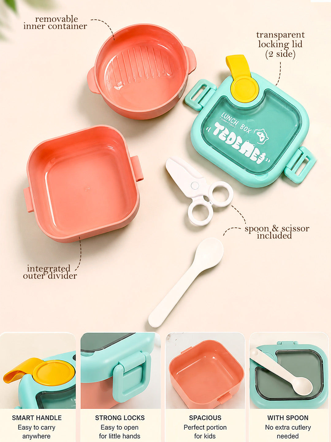 2-Tier Kids Lunch Box | Leak-Proof | BPA-Free | Spoon & Scissor Included