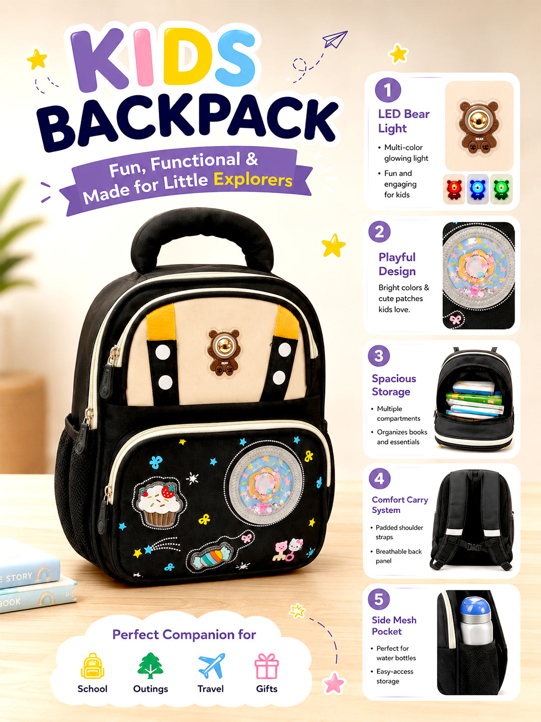 Kids LED Bear School Backpack – Black & Beige Cupcake Patch