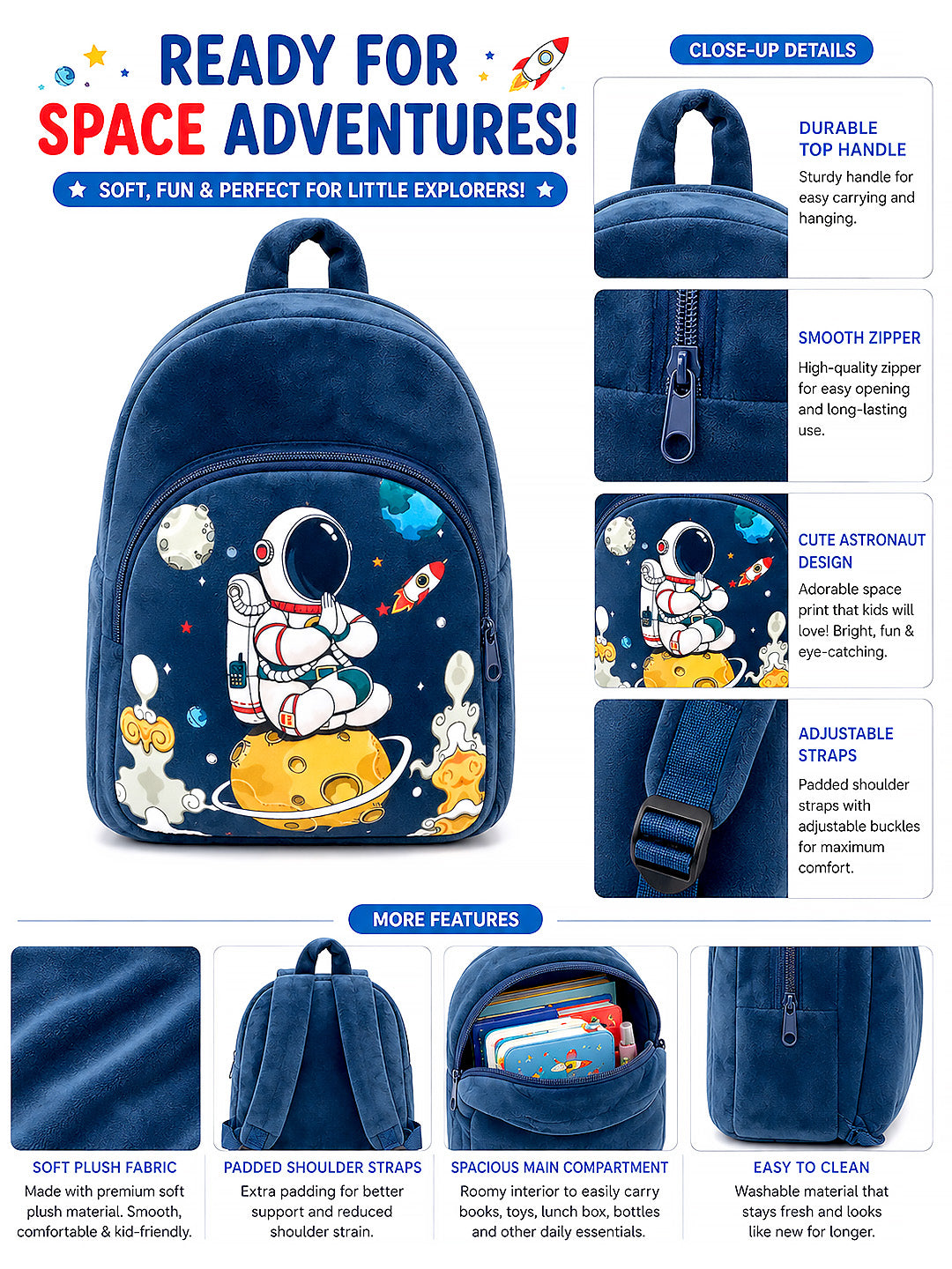 Kids Soft Plush Astronaut Space Backpack – Navy Blue