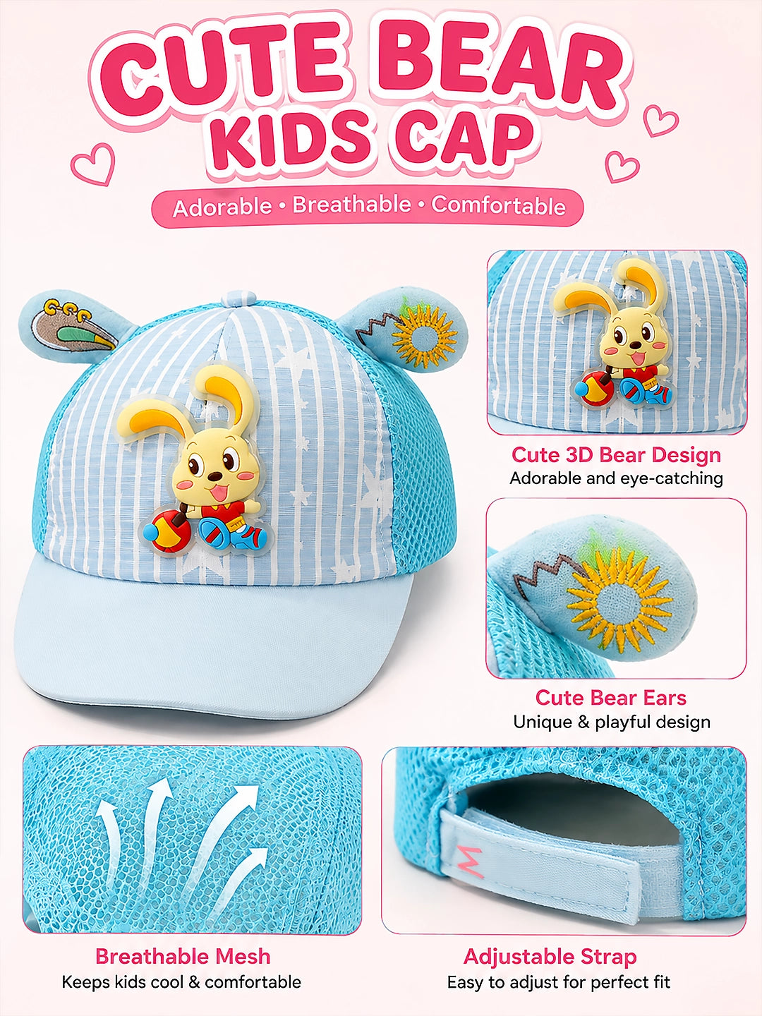 Blue 3D Bunny Kids Cap with Bear Ears | Breathable Mesh | Adjustable Fit | 2–6 Years