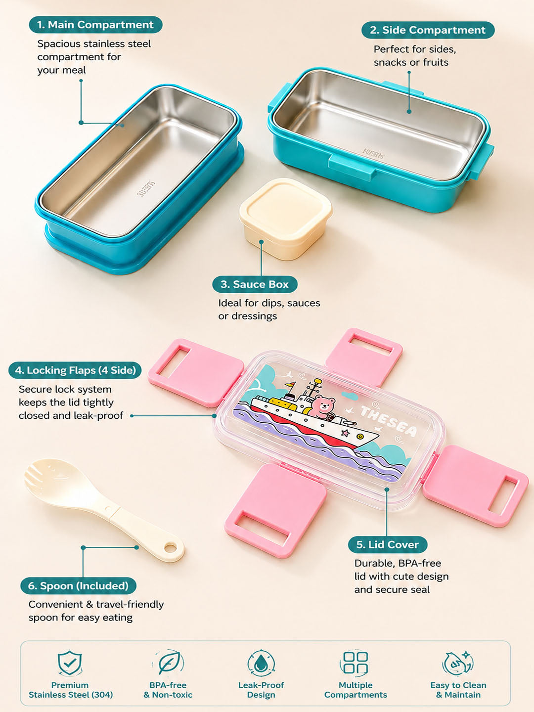 Sea Adventure Bear 2-Tier Kids Lunch Box | Stainless Steel | Leak-Proof | Spork & Sauce Box Included