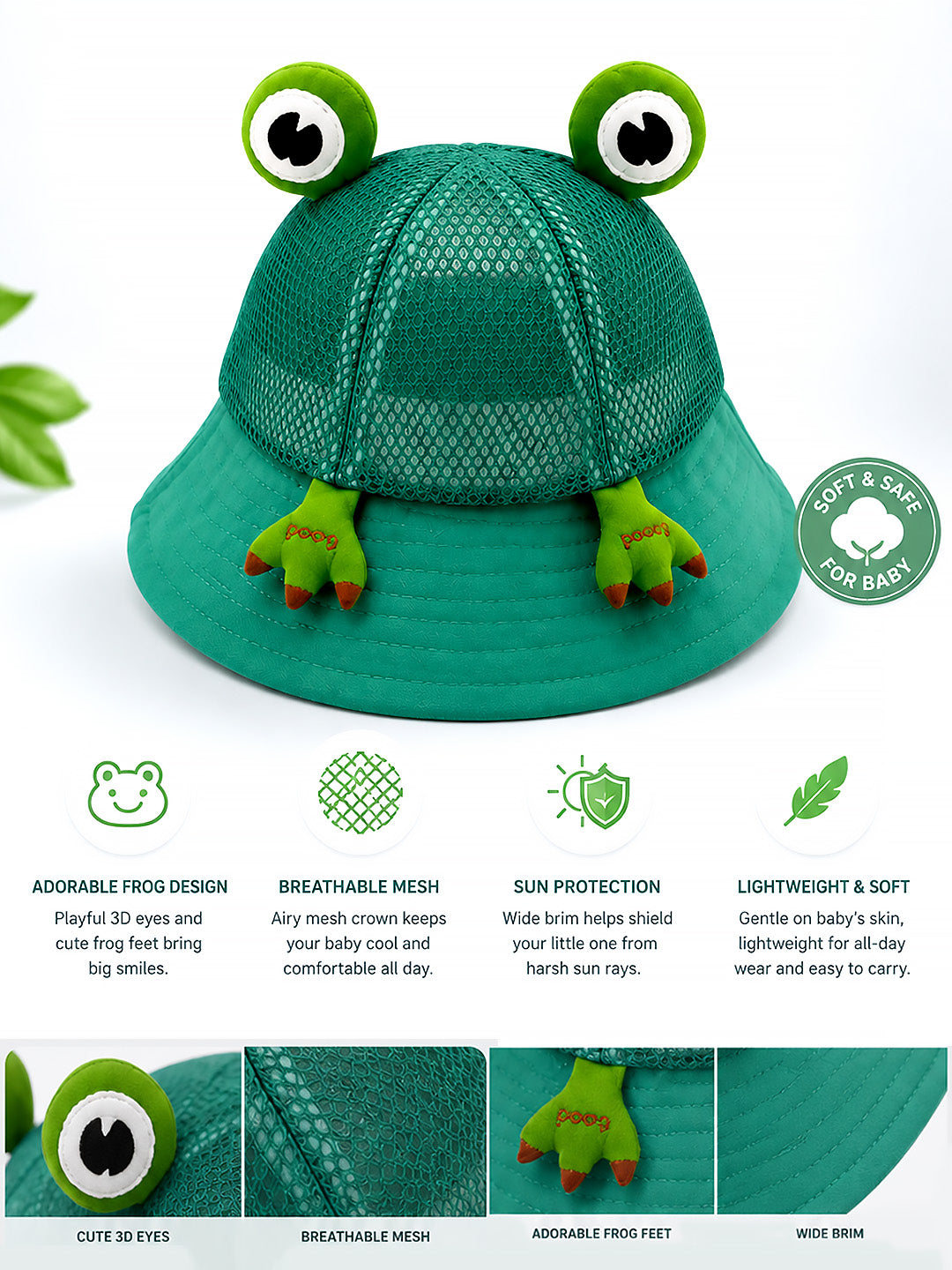 Green 3D Frog Baby Bucket Hat | Breathable Mesh | Infants & Toddlers