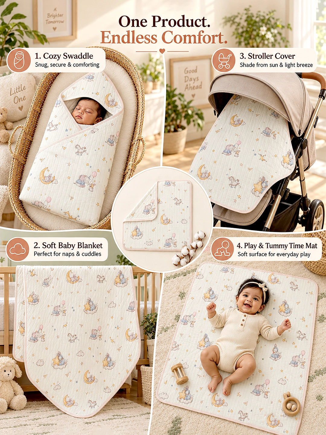 Dreamy Elephant & Bunny 6-Layer Muslin Cotton Baby Swaddle Blanket | 4-in-1 | 85×85 cm