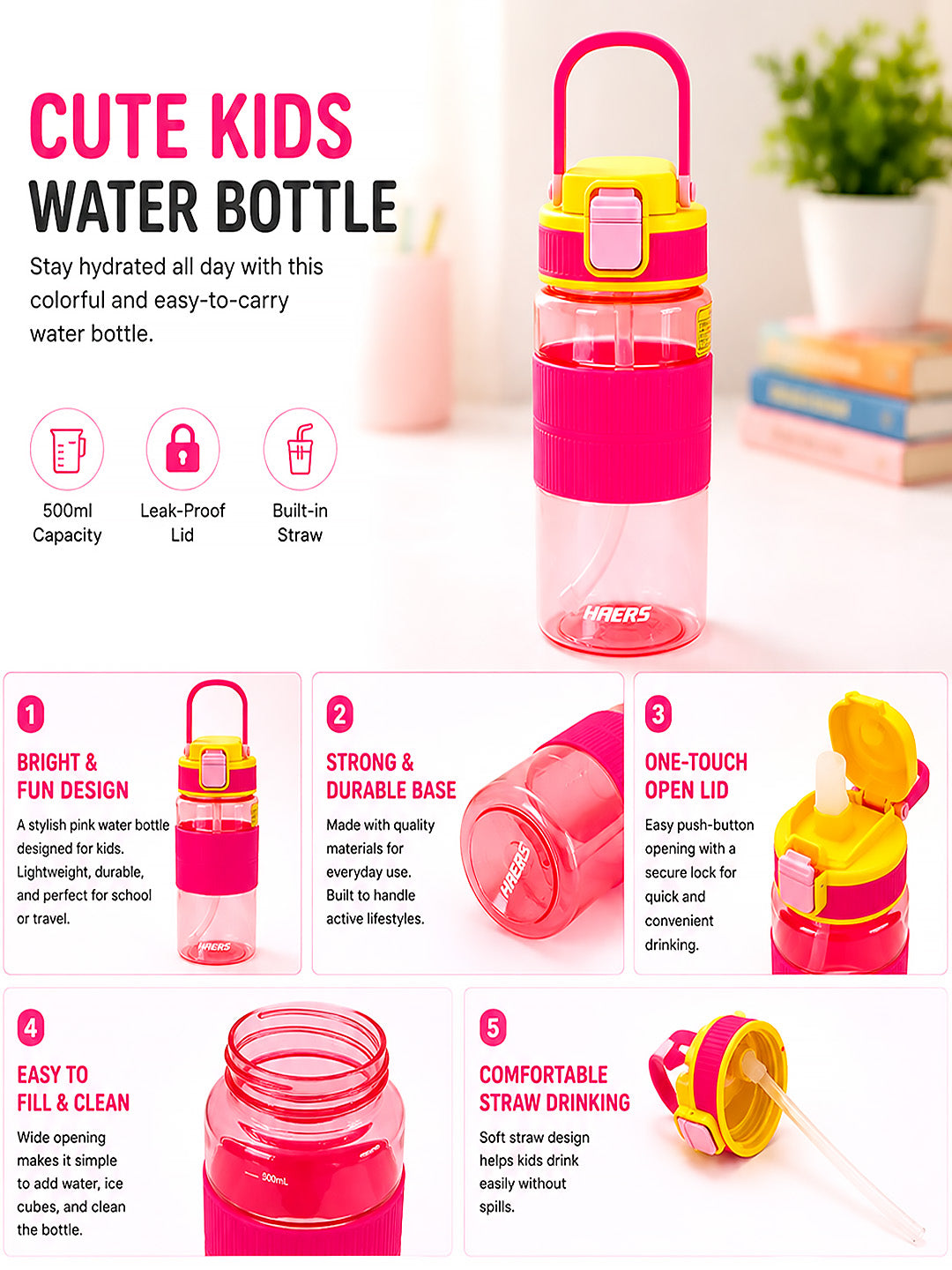 Pink Kids Water Bottle — 500ml | One-Touch Flip Lid & Built-in Straw