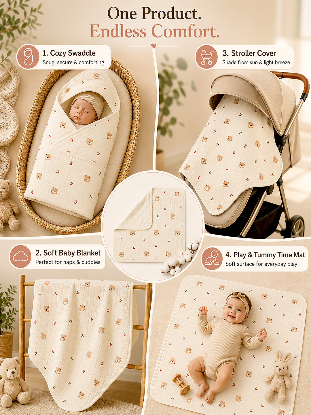 Cherry Bear 6-Layer Muslin Cotton Baby Swaddle Blanket | All-Season | 85×85 cm