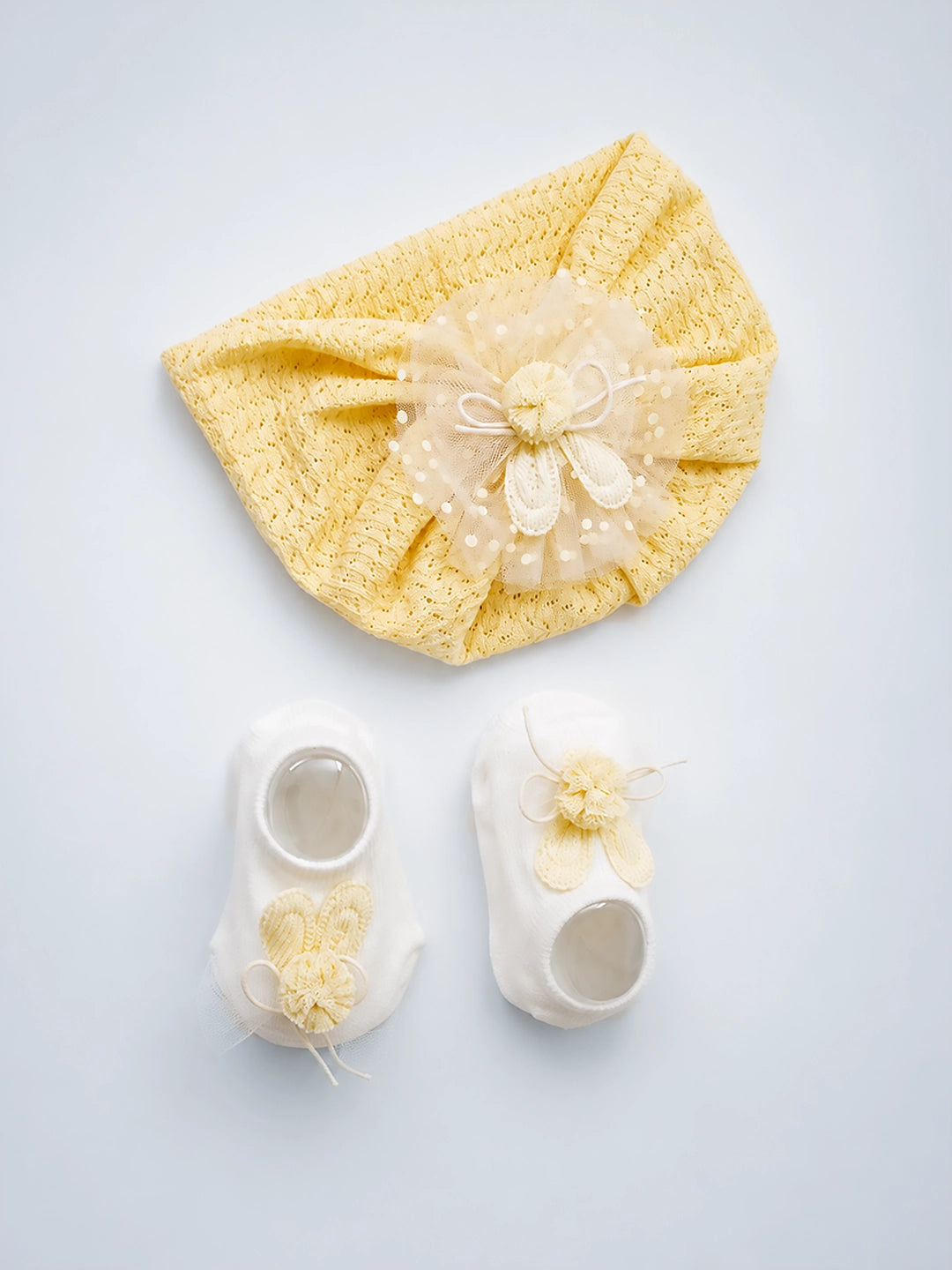 Yellow Bunny Turban Cap & Booties Set | Soft Baby Girl Gift Set | 0–12 Months