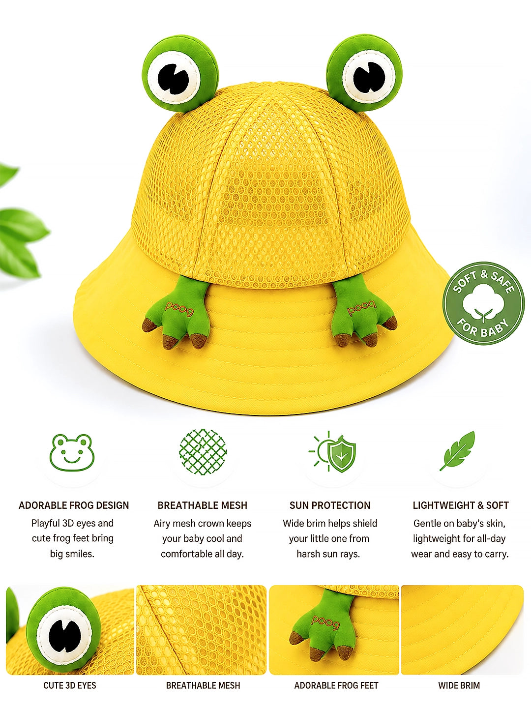 Yellow 3D Frog Kids Bucket Hat | Breathable Mesh | Toddlers & Kids 2–6 Years