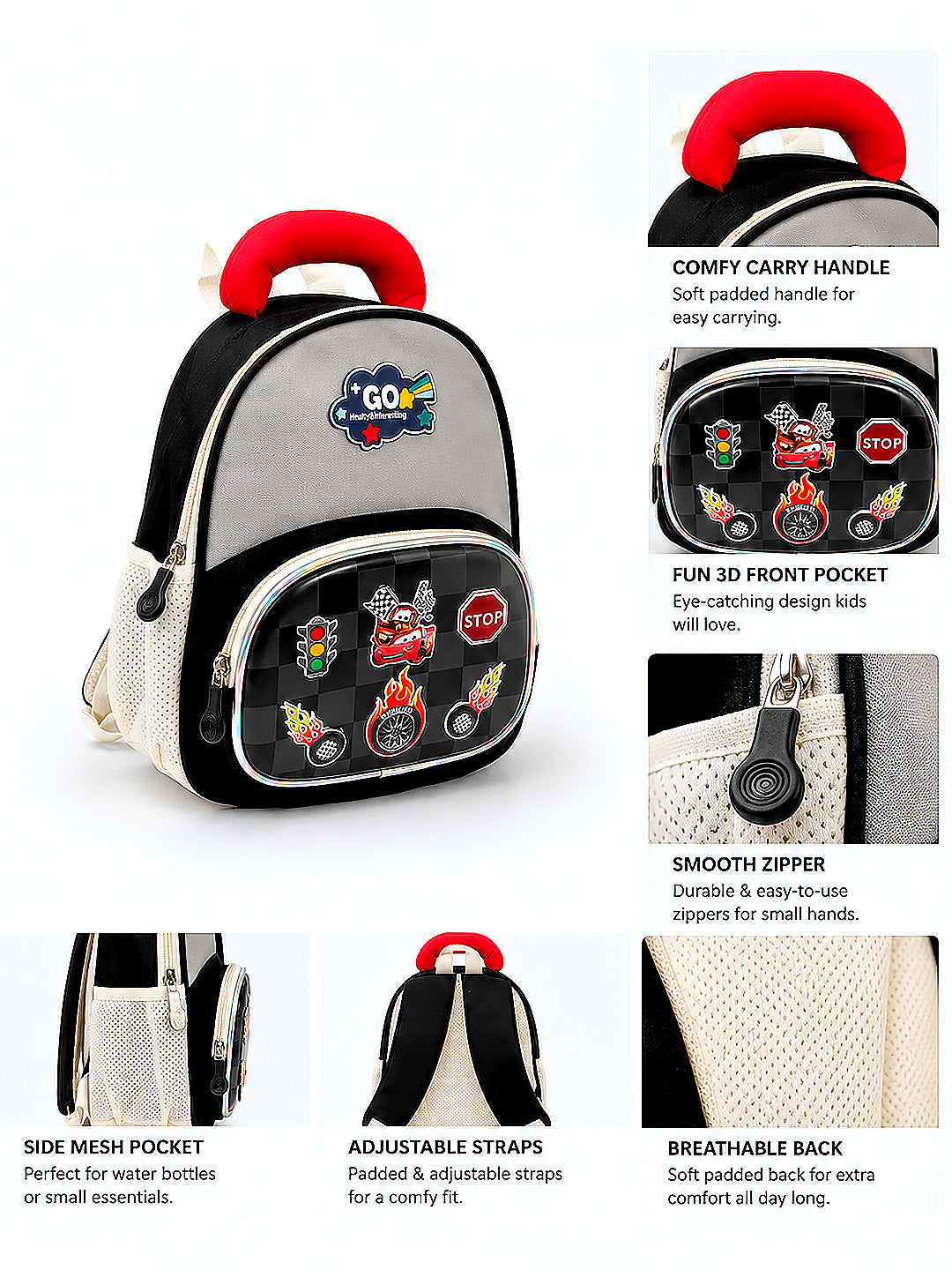 Racing Car Kids Backpack with 3D Front Pocket & Padded Handle – Black & Grey